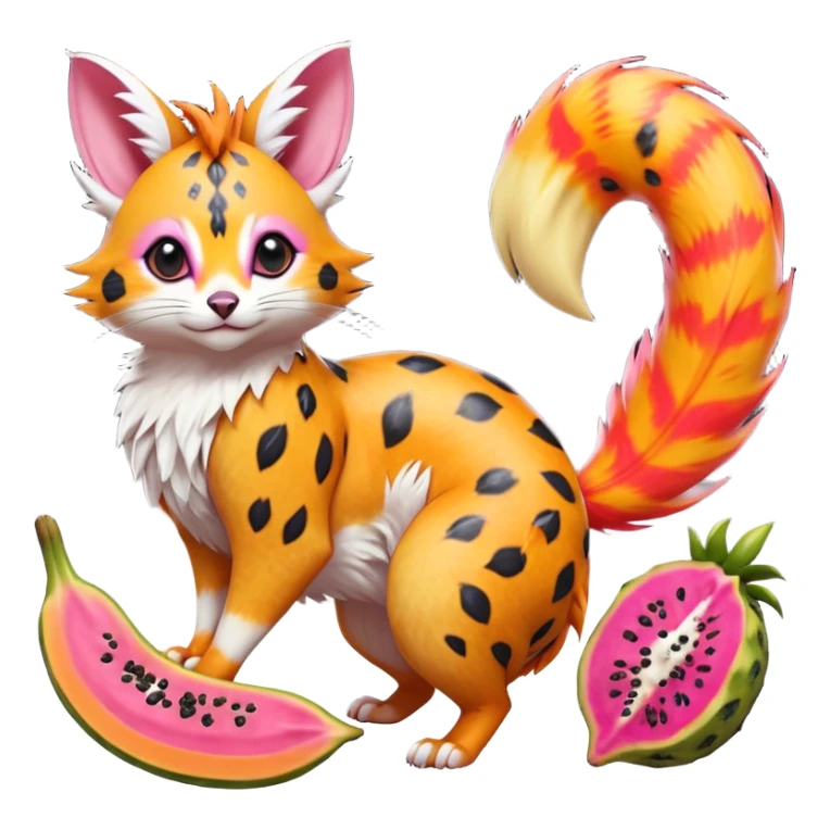 Hyper realistic  tropical-fruit-splash-colored fur, papaya-orange, and dragonfruit-pink chaos beautiful elegant pretty precious cute  Fakémon-Pokémon-opossum-feline-serval-caracal-chinchilla-Furret-Minccino-hybrid-creature with a big fluffy bushy tail (full body) sticker