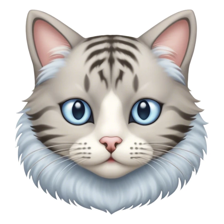 Striped gray-beige cat with thick wool of medium length, big light blue eyes and white fur around them and on the muzzle sticker