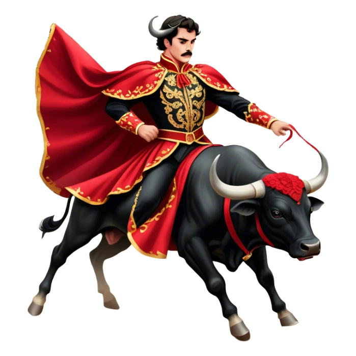 ​Cinematic Realistic Spanish Matador in Action, depicted in an ornate traje de luces with a flowing red cape, captured in the dramatic moment of confronting a charging bull in a traditional bullring, rendered with dynamic motion and dramatic lighting that encapsulates the intensity and artistry of the spectacle, sticker