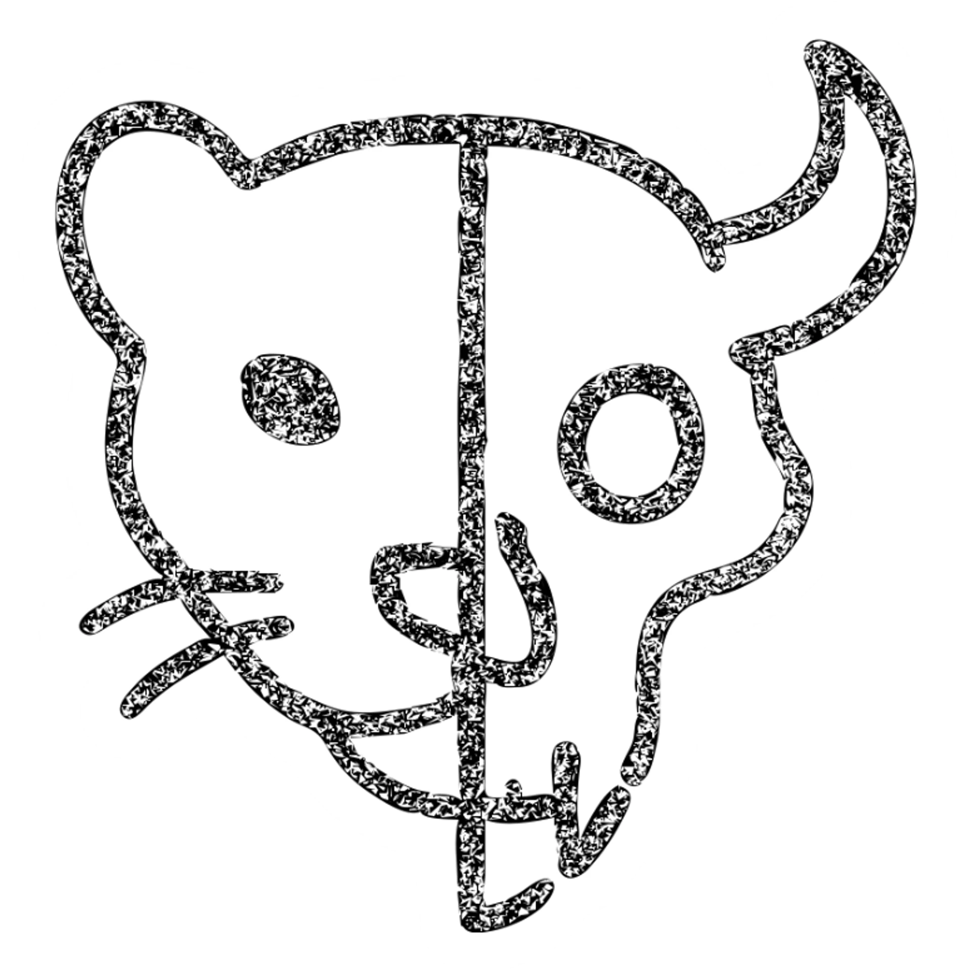 a highly minimalist red icon showing half stoat face merged with half minotaur skull with broken horn, outline deliberately incomplete with missing sections, weathered and aged appearance, parts faded away, extremely simplified but recognizable, completely red sticker