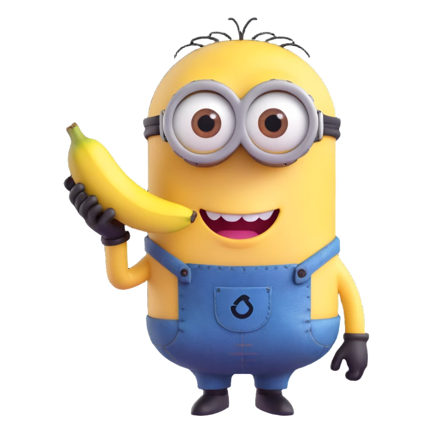 minion character with one eye smiling holding a banana sticker