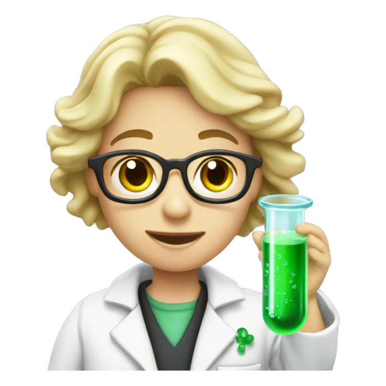 Student wearing a lab coat with a test tube containing green bubbly liquid sticker