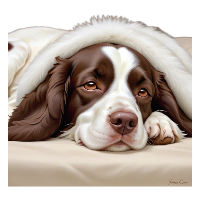 Meme-Worthy Cute Sleeping Springer Spaniel Portrait Emoji, Head resting peacefully with a contented smile, showcasing a delightfully agile build and a luxuriously soft liver and white Fur, eyes shut in a serene nap, Simplified yet hilariously adorable features, highly detailed, glowing with a soft, drowsy light, high shine, relaxed and utterly lovable, stylized with an air of playful laziness, bright and heartwarming, soft glowing outline, capturing the essence of a comically sleepy companion, so meme-worthy it feels like it could instantly become the next viral sensation of adorable slumber! sticker