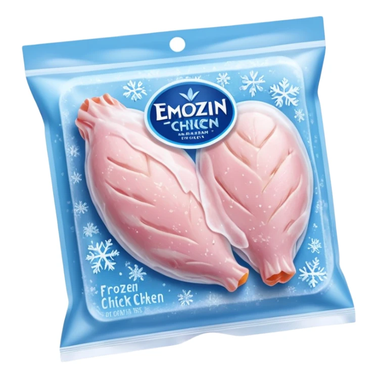 A pack of frozen chicken breasts sealed in transparent plastic packaging, covered with frost and ice crystals. The meat looks pale pink with a slight icy glaze, sitting in a freezer with cool blue lighting. Realistic detail, cold atmosphere, food photography style. sticker