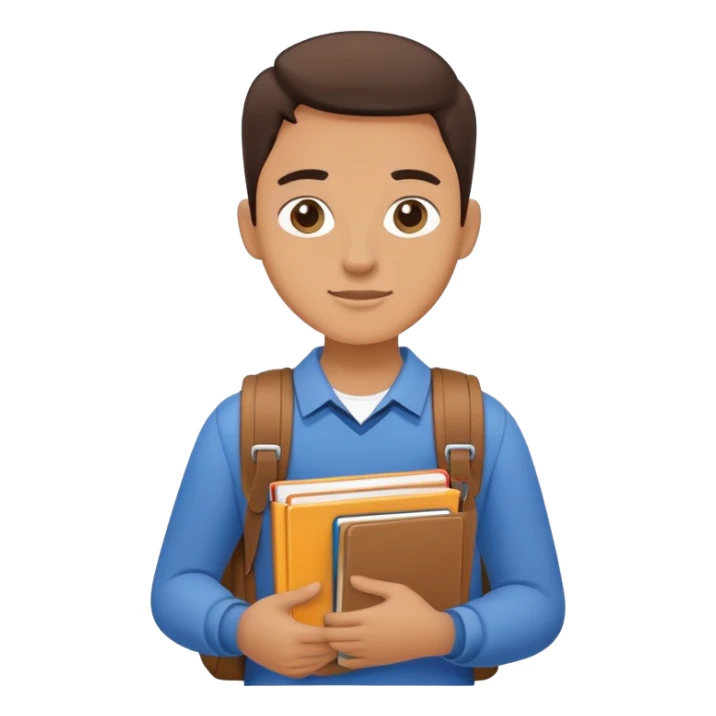 A flat-style illustration of a university student, holding a few textbooks and wearing a messenger bag. Clean, modern cartoon style, white background, iOS emoji aesthetic. sticker