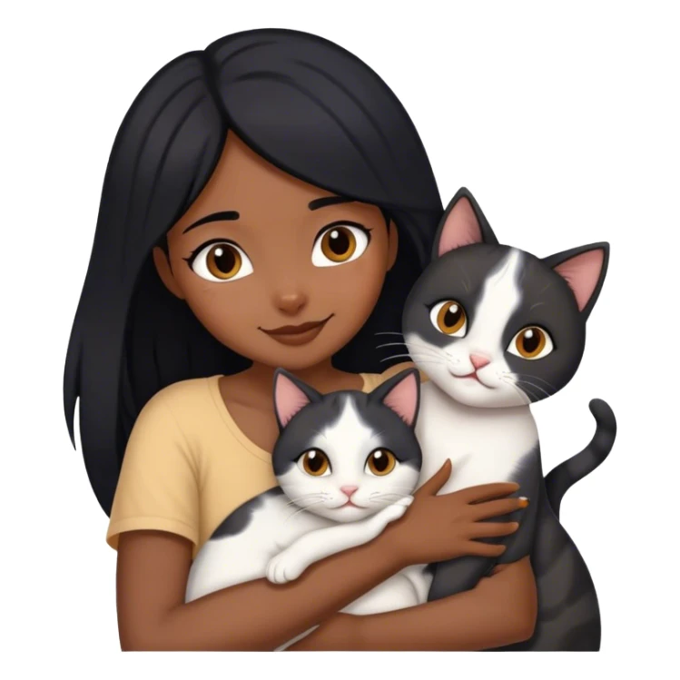 happy black haired girl hugging three cats  (carey cat, gray cat, white brown cat) sticker