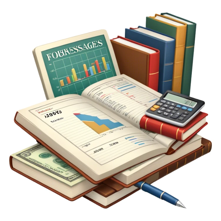 Icon for Business Reading: an open book with graphs, numbers, percentages, formulas, and text on the pages, next to a stack of books, a pile of dollars, a calculator, a pen, and business magazines like Forbes. Transparent background. sticker
