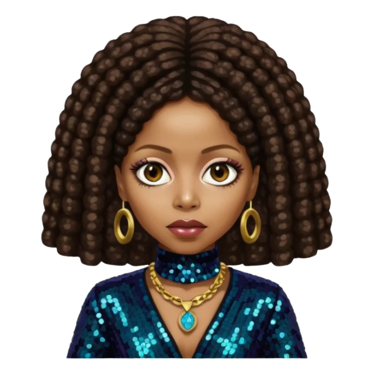 Erykah Badu with dark brown hair, dark brown sequin outfit sticker