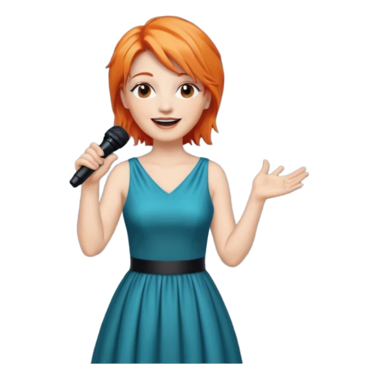 singer, Middle age, orange hair, happy, holding mic, wearing dress sticker