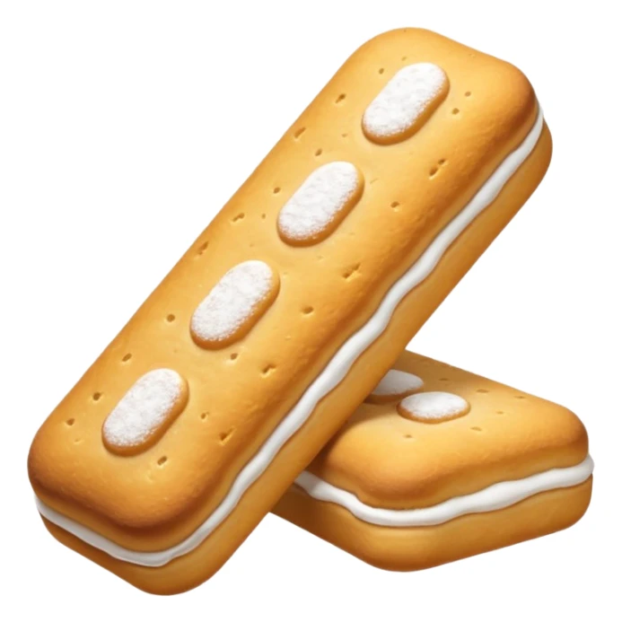 three ladyfinger biscuits, golden-brown, elongated with rounded edges, powdered sugar dusting, airy and crisp outside, spongy inside, lightly stacked or scattered, soft lighting, subtle shadows, no packaging, no plate, no faces, transparent background, emoji scale sticker