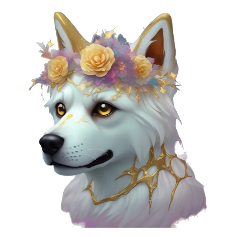 iridescent kintsugi fluffy zombie dog fox head zombie skull skeleton gold mechanical nebula galaxy stars colorful flowers fairy lights vintage sticker