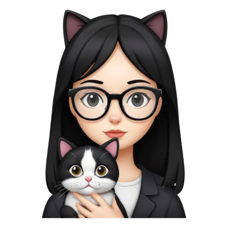 Girl with black hair wearing glasses holding a black and white cat sticker