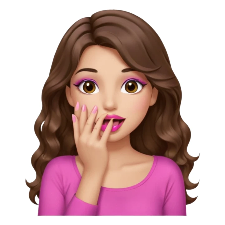 girl with long wavy brown hair, brown eyes, long lashes makeup, sexy pink lips, light to medium complexion, wearing a pink sexy top, sexy, giggling hand covering mouth sticker