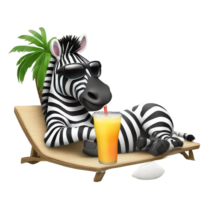 A zebra wearing sunglasses, sunbathing on the beach with a coconut drink sticker