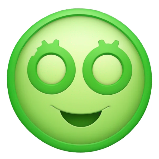 smiley image with green face as a circular outline, with two similar gear shapes as eyes and a curved smile sticker