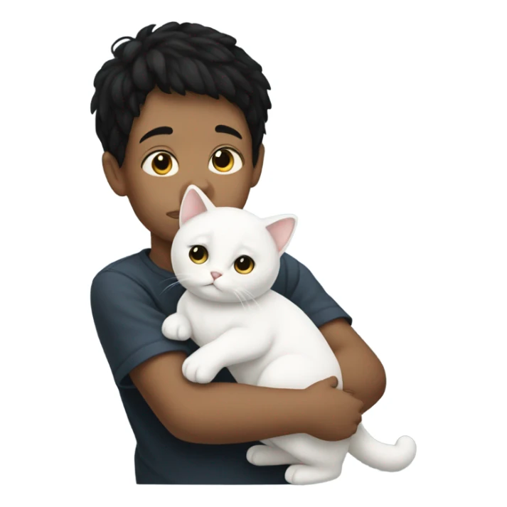Little boy with black hair holding a huge White cat sticker