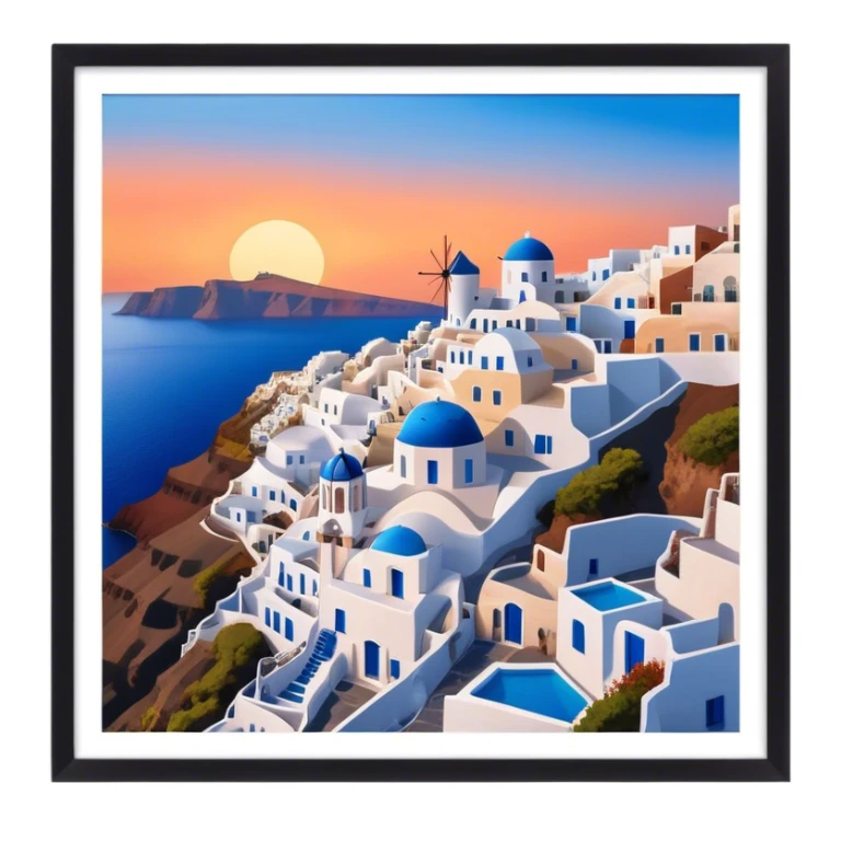 Cinematic Realistic Santorini Caldera Landmark Emoji, featuring white-washed buildings perched on volcanic cliffs, overlooking the deep blue Aegean Sea, with warm sunset hues illuminating the sky and reflecting off the water. sticker