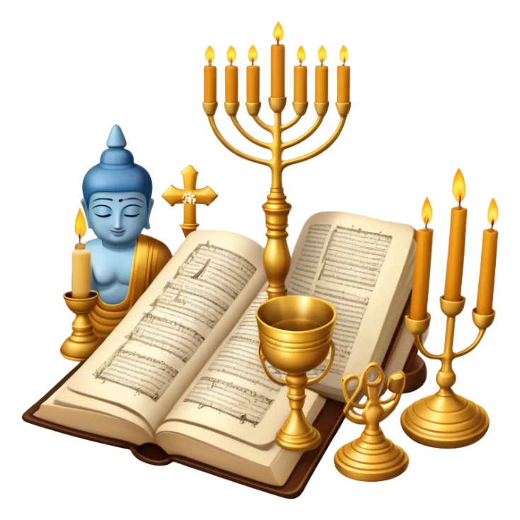 An icon featuring a Torah scroll, Menorah, Bible, Orthodox cross, Quran, and a Buddha statue, symbolizing the study of religions. The design includes diverse religious symbols arranged harmoniously, representing global faiths and spiritual practices. Transparent background sticker