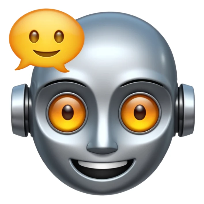 smiling robot head with glowing eyes and a speech bubble, emoji style sticker