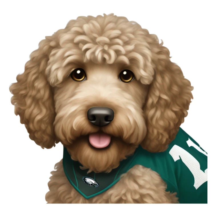 Light brown Labradoodle wearing a Philadelphia eagles jersey sticker