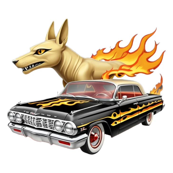 Satan’s streamlined Hot rod custom 1964 impala low rider four door Anubis themed painted hood flaming side-mounted chrome exhaust pipes driving straight to hell  sticker