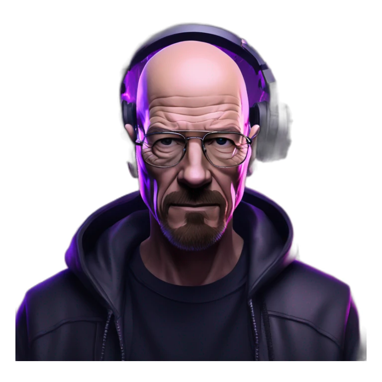 Walter White wearing a black hoodie with "OMG" letters on it and VR headset in a cyberpunk VR environment with violet neon lighting. sticker