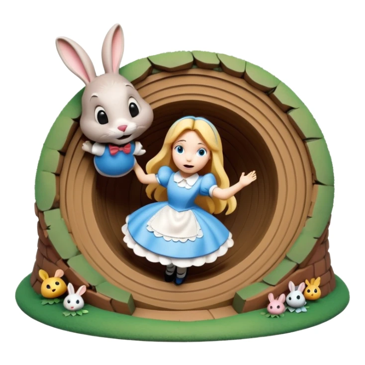 Isolated, 4D rendering,  detailed illustration of the most incredibly amazing modern style of disney's Alice in wonderland falling in rabbitbhole
figurine imaginable, toy style. sticker