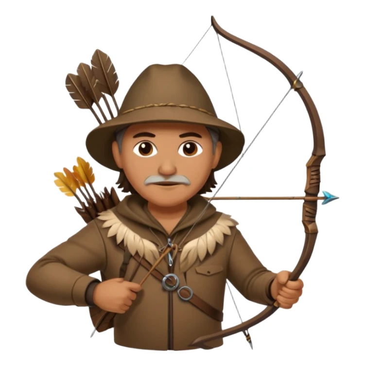 A classic middle-aged hunter with a bow and arrow on his back, dressed in brown clothes and decorated with feathers or bone teeth sticker