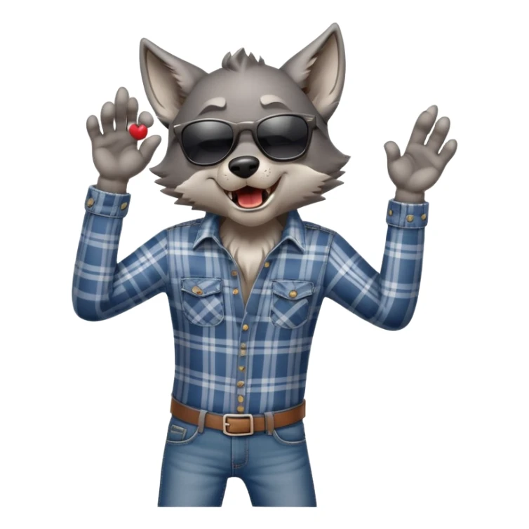 friendly anthropomorphised wolf in jeans and plaid shirt, wearing dark sunglasses, howling, dynamic pose sticker