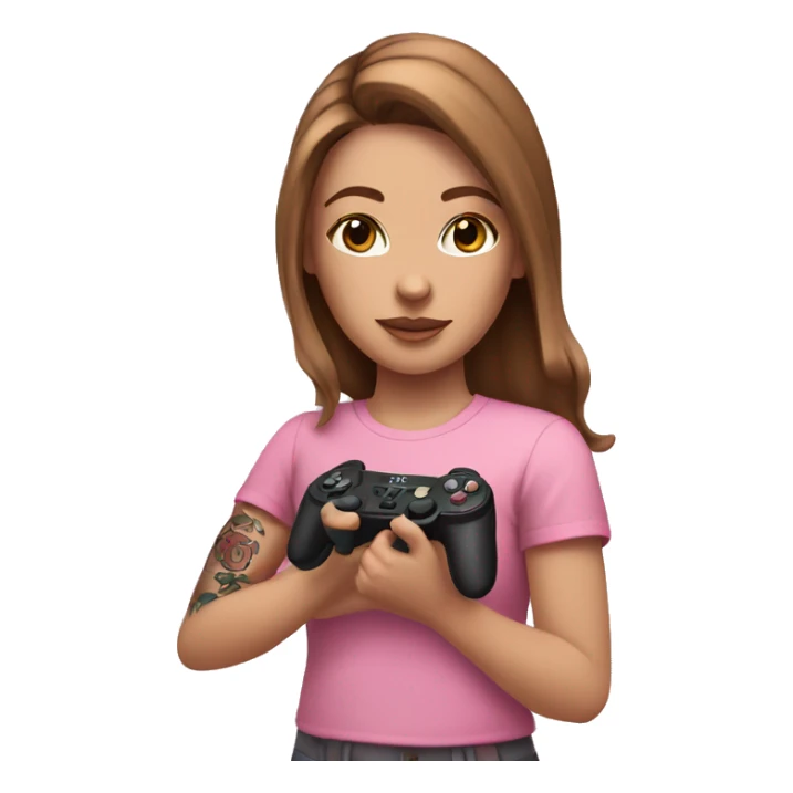 White girl with arm tattoo and brown hair holding a pink game controller sticker