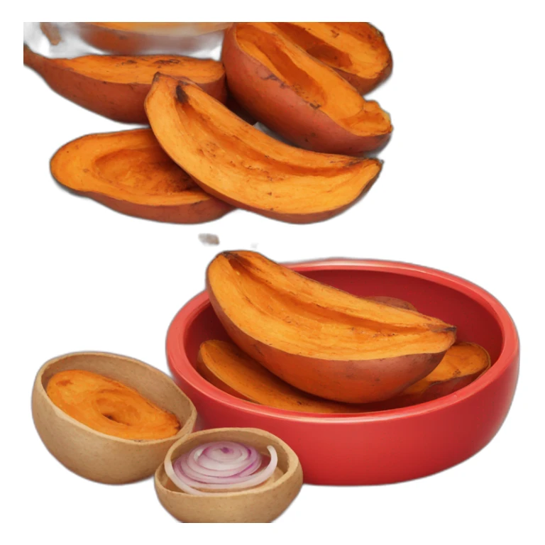 grilled sweet potatoes in a red plate with onion rings sticker