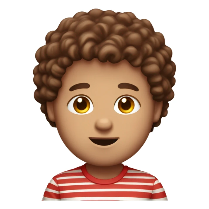 A big fat boy with chocolate all around his face with big blue eyes and brown curly hair with a red and white stripy shirt sticker