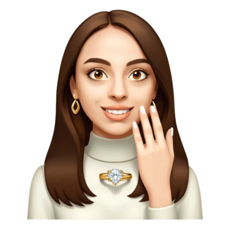 Woman with long brown hair and gold engagement ring sticker