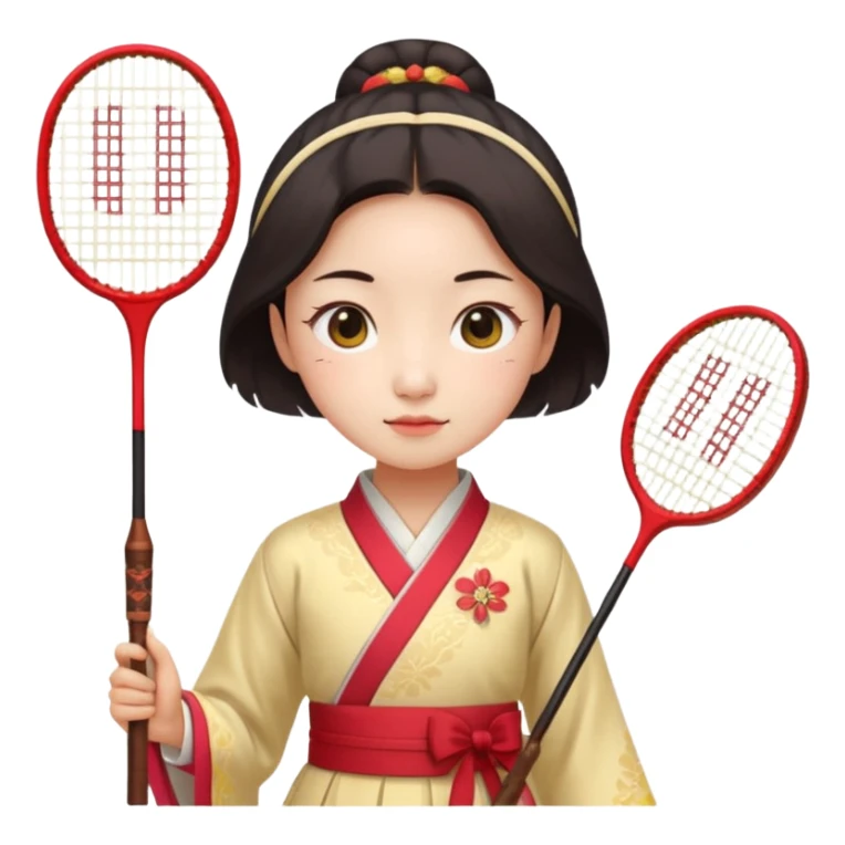 ancient gongsam girl with 1 badminton racket, red sticker