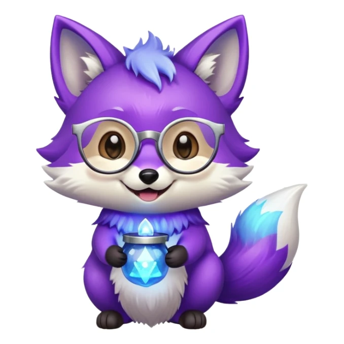 A small magical fox with shimmering purple and blue fur, a glowing fluffy tail, a silver star on its forehead, and round glasses, holding a tiny magical lantern, laughing with tears of joy in its eyes. 🦊😂 sticker