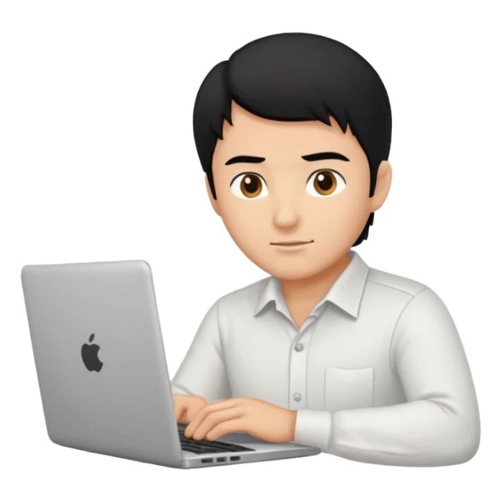 a fair man with black hair working on laptop , front view sticker