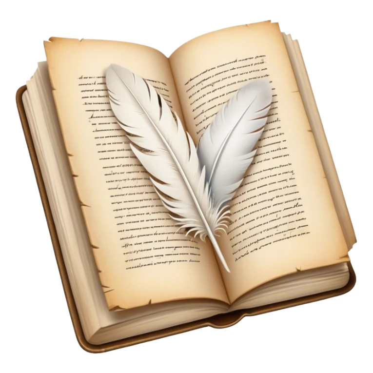 Create a poetic and elegant emoji representing poetry. The design should feature several vintage, gracefully flying pages with short, poetic columns written on them. A white feather quill should be depicted writing on one of the pages, with ink flowing smoothly. The pages should have a soft, antique look, with subtle details to convey the delicate nature of poetry. Use soft, light colors with a romantic, airy feel. Make the background transparent. sticker