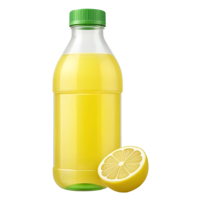 lemon juice bottle, small, transparent, pale yellow liquid, lemon-shaped or curved plastic, light translucent juice, green or yellow cap, clean minimal, no branding, no glass, no lemon slices, no background, no faces, clean 3D, soft shadows, transparent background, emoji scale sticker