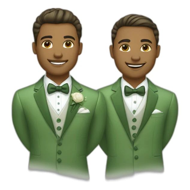 set of grooms in green suits light olive skinned latio the other white sticker