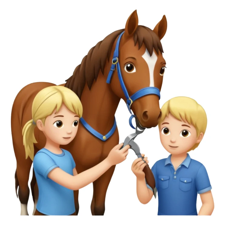 two children grooming a horse] sticker