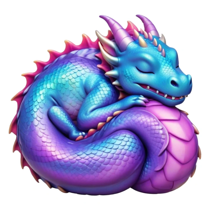 Meme-Worthy Cute Sleeping Dragon Portrait Emoji, Head resting peacefully with a contented smile, showcasing a sinuous, graceful build and a luxuriously soft, iridescent scaled body, eyes gently closed in serene, magical slumber, Simplified yet hilariously adorable features, highly detailed, glowing with a soft, drowsy mystical light, high shine, relaxed and utterly lovable, stylized with an air of playful fantasy, soft glowing outline, capturing the essence of a sleeping dragon that feels destined to become the next viral sensation of enchanted rest! sticker