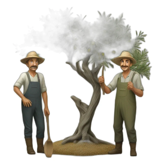 Hyperrealist olive tree and andalusian farmers with a stick sticker