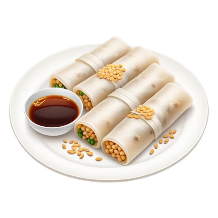 Cantonese rice noodle roll Cheung Fun with soy sauce and sesame seeds, simplified emoji style with bold outlines and bright colors, cartoon style translucent rolled rice sheets on plate sticker