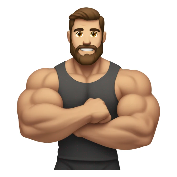 Muscled guy with brown hair and brown beard curling arms sticker