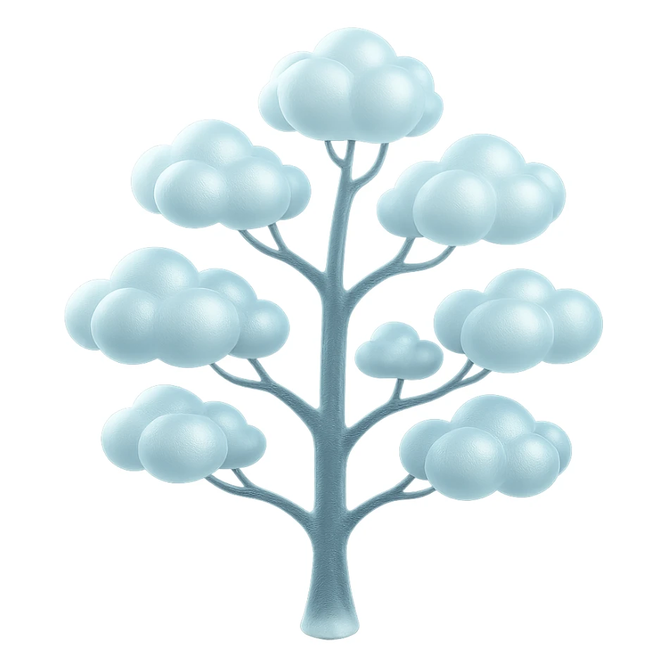 one tree with many branches, each branch covered with small, very bright white, saturated color, fluffy and convex clouds, minimalist style sticker
