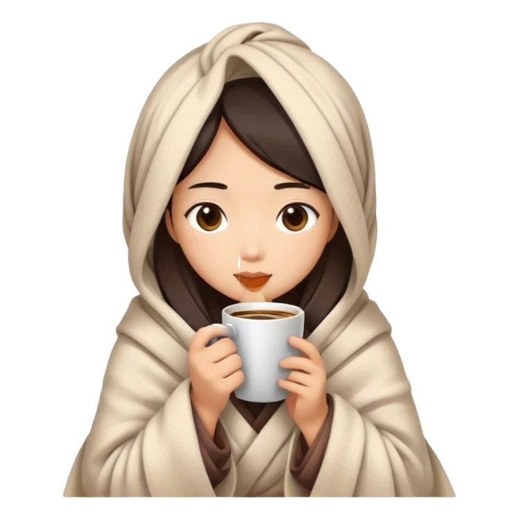 Asian girl wrapped in cozy blanket drinking coffee sticker