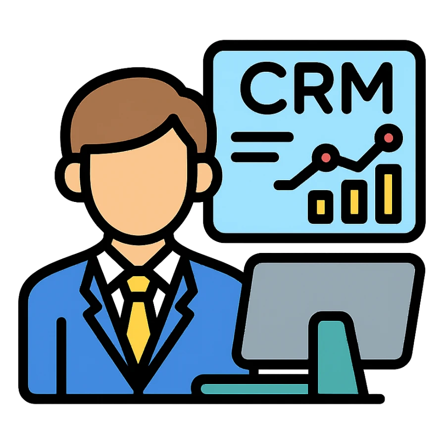 businessperson with brown hair at a computer, CRM graphs on screen sticker