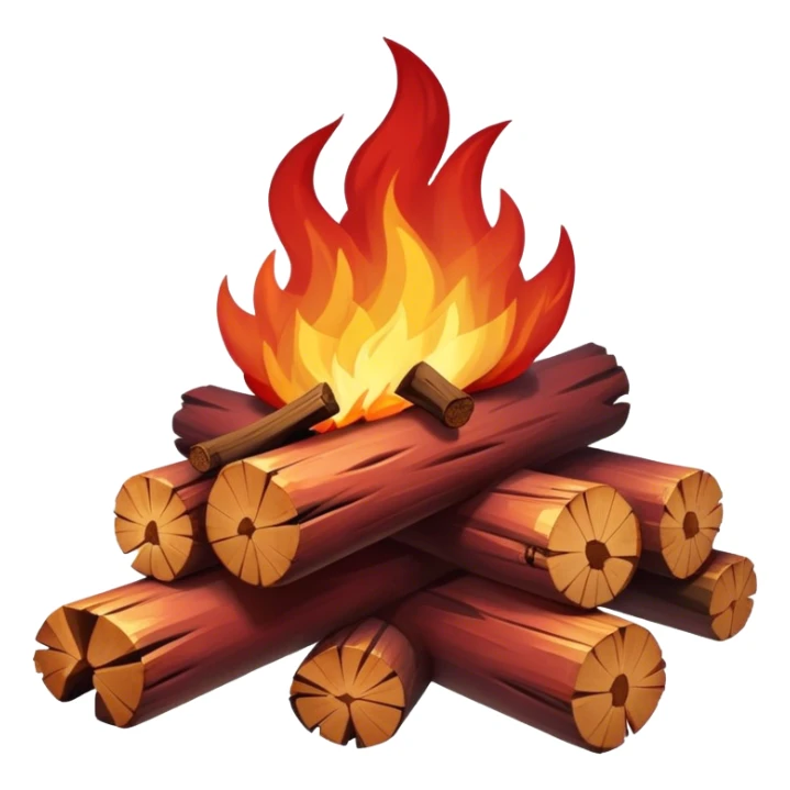 Cinematic Realistic Campfire, a roaring flame crackling atop carefully arranged logs, embers glowing deep red, golden light casting soft flickering shadows, gentle smoke drifting upwards, glowing with warmth and coziness. sticker