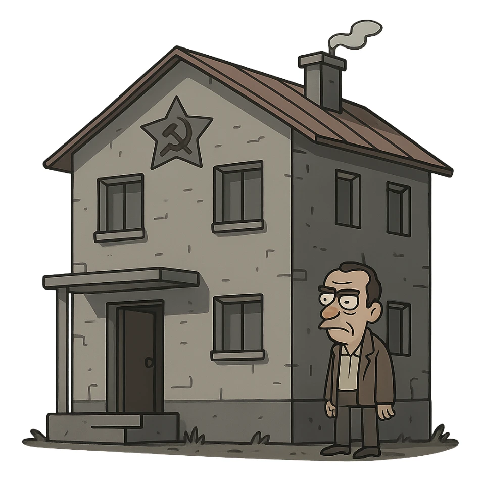 Soviet house, stylized as a cartoon, exaggerated block shapes, simple windows, gray palette sticker