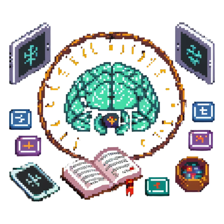 pixel art radiant crystal brain levitating above old text tablets with runes and language characters (A-Z, あ, 文, ع) circling it sticker